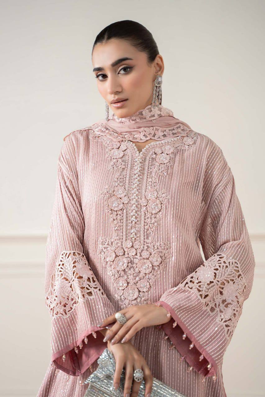 M.B Embroidered Pink Luxury Chiffon Dress 3piece Unstitched