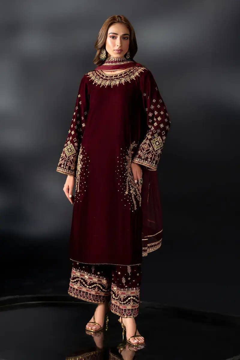 Naqshi Maroon Micro 9000 Velvet Formal Collection 3piece Unstitched