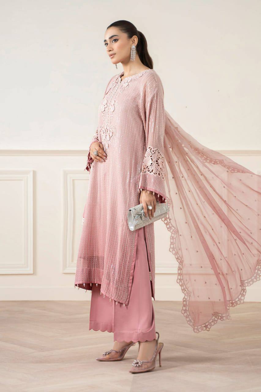 M.B Embroidered Pink Luxury Chiffon Dress 3piece Unstitched
