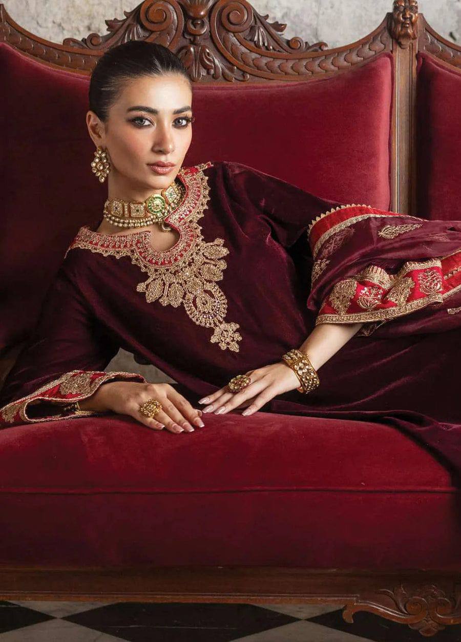 Zainab Chottani Maroon Micro 9000 Velvet Formal Collection 3piece Unstitched