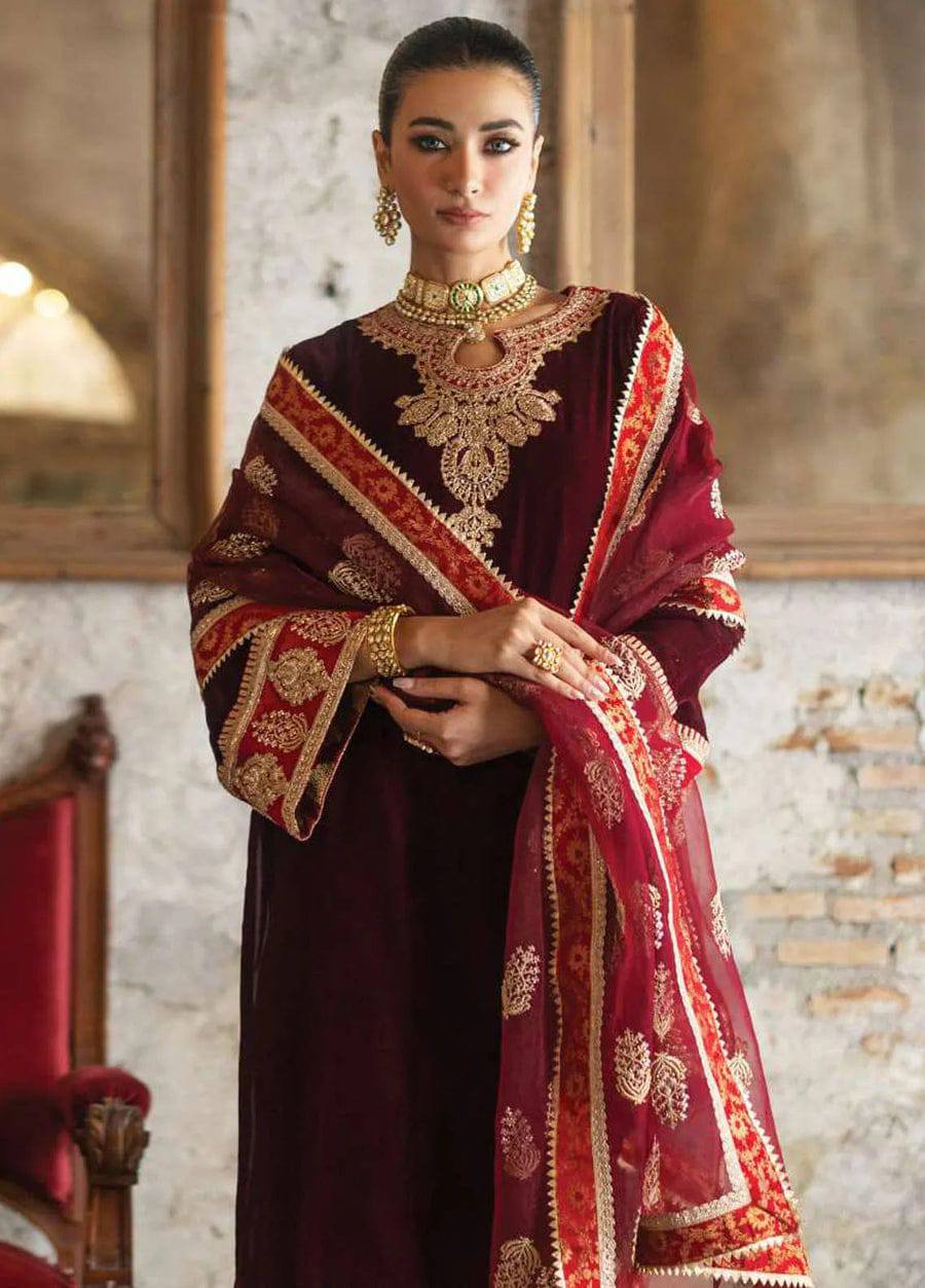 Zainab Chottani Maroon Micro 9000 Velvet Formal Collection 3piece Unstitched