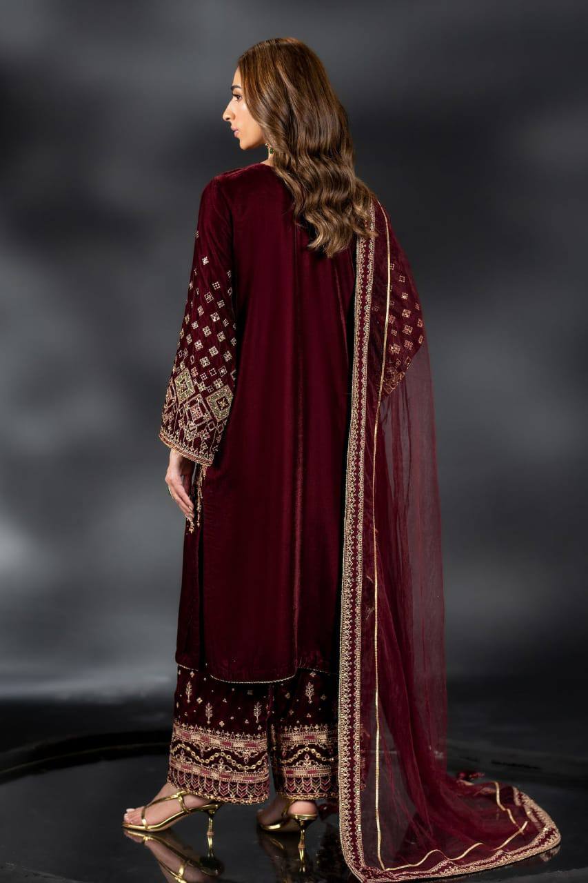 Naqshi Maroon Micro 9000 Velvet Formal Collection 3piece Unstitched