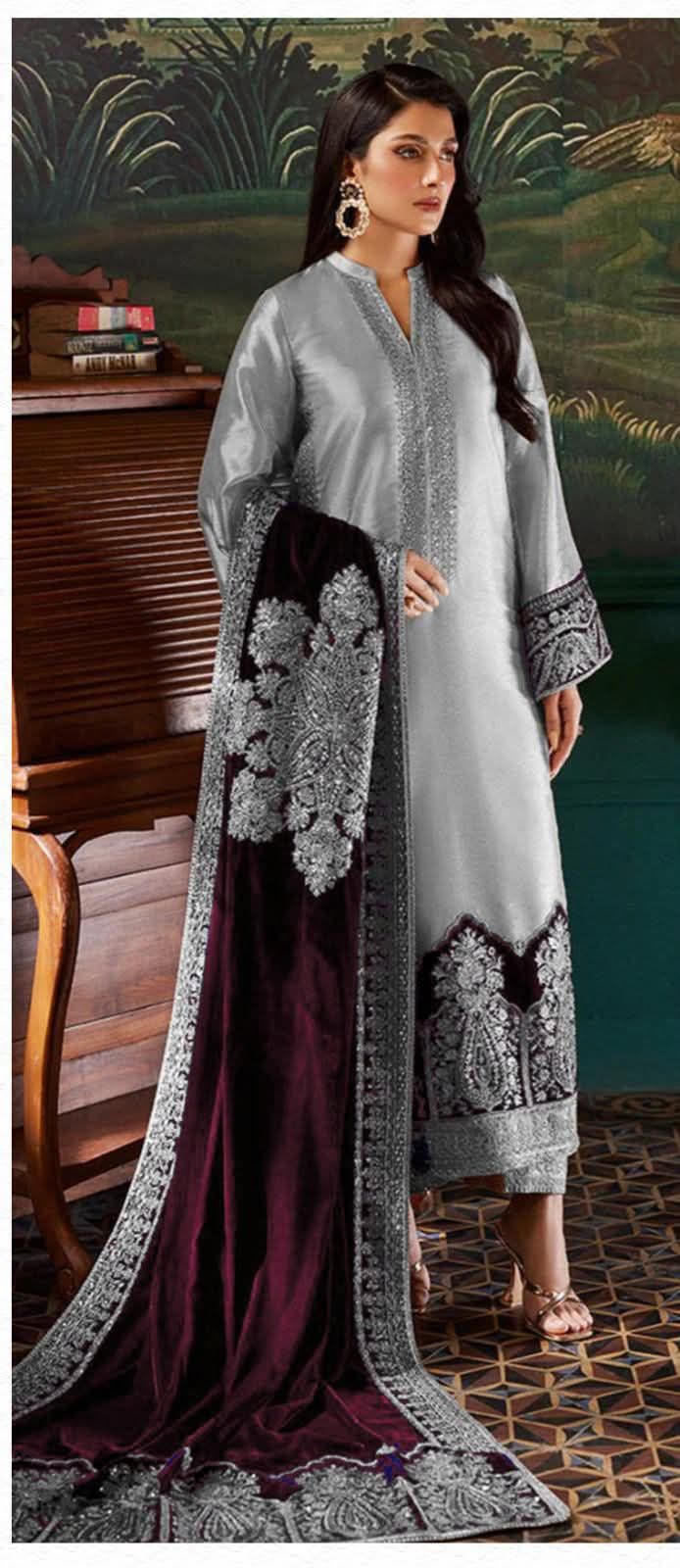 Zainab Chottani Maysori Maroon Shawl Velvet Formal Collection 3pc 9000 Micro