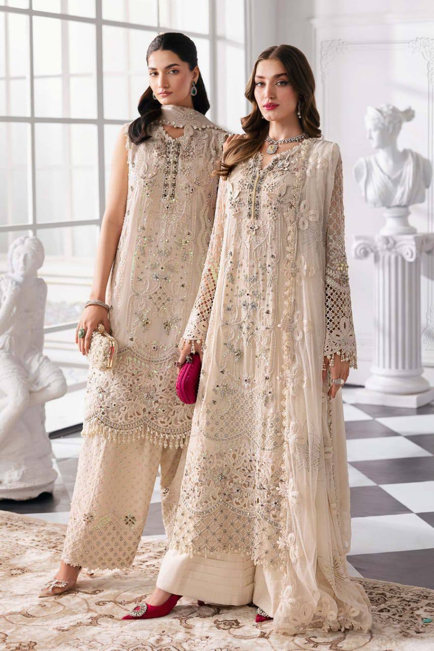 M.B Embroidered Off White Luxury Chiffon Dress 3piece Unstitched