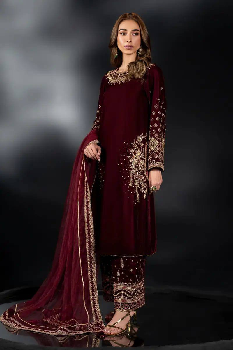 Naqshi Maroon Micro 9000 Velvet Formal Collection 3piece Unstitched