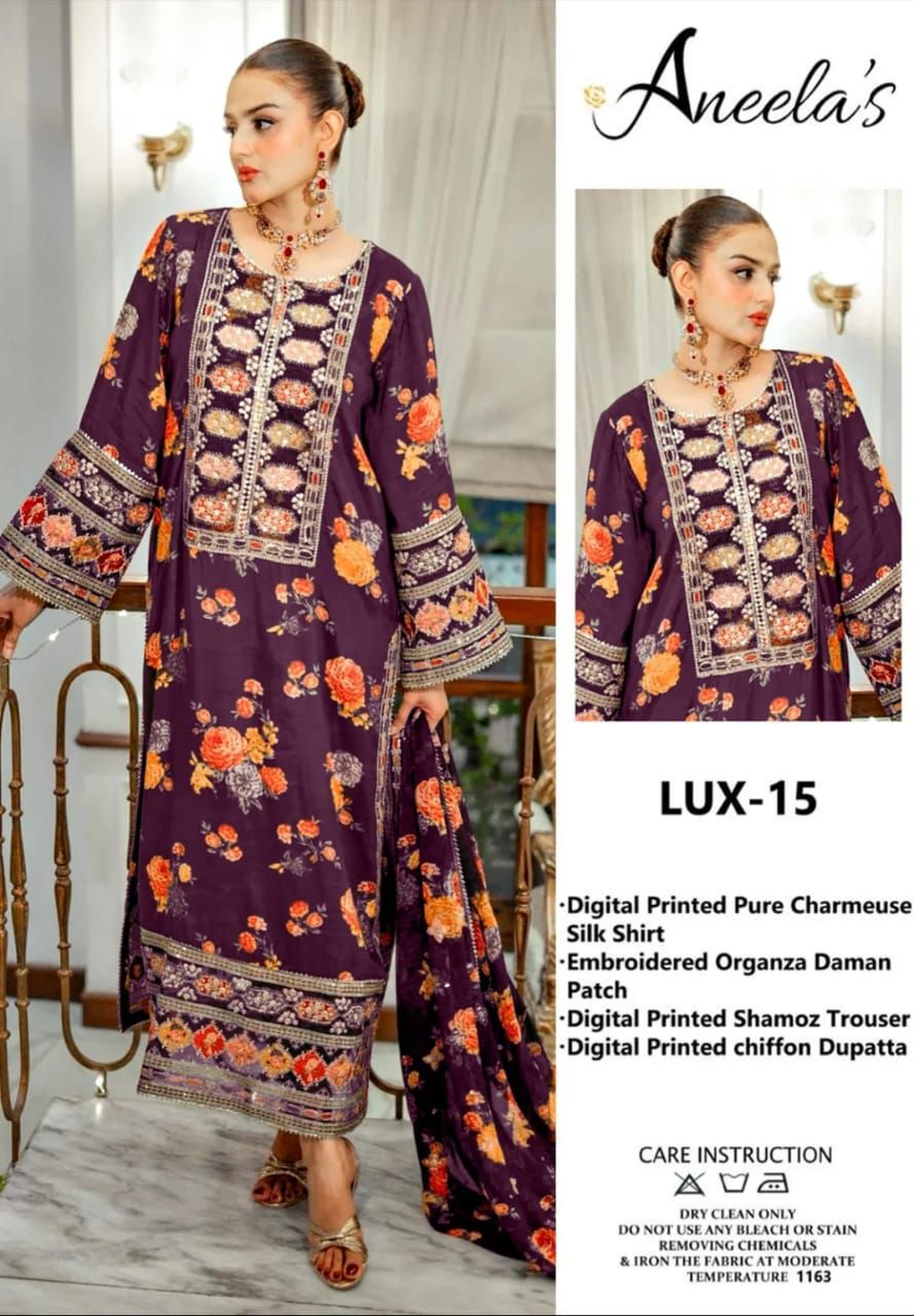 Aneelas Silk Digital Purple Multi Embroidery 3piece Unstitched