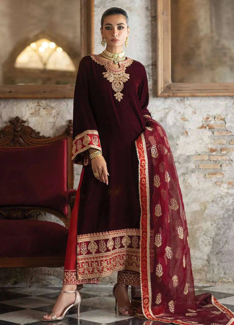 Zainab Chottani Maroon Micro 9000 Velvet Formal Collection 3piece Unstitched