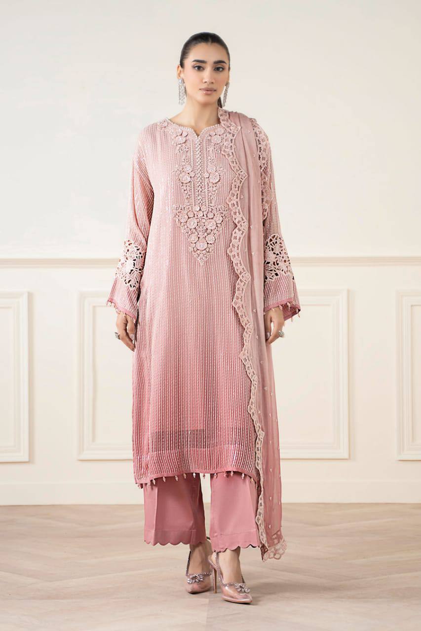 M.B Embroidered Pink Luxury Chiffon Dress 3piece Unstitched