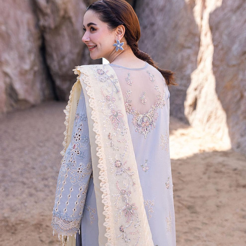 Qalamkar Sky Blue Luxury Lawn Chikankari Dress 3pc Unstitched