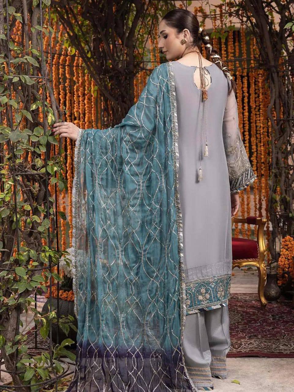 Adan Libas Gray Luxury Chiffon Embroidery 3piece Unstitched