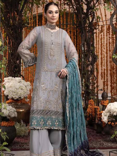 Adan Libas Gray Luxury Chiffon Embroidery 3piece Unstitched
