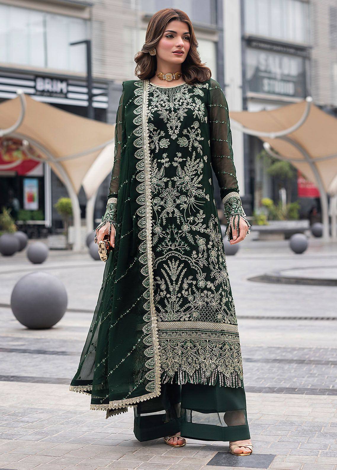 Sahane Dark Green Chiffon Formal Collection Embroidery 3piece Unstitched