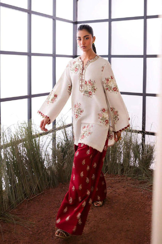 Ethnic Raw Silk off White Embroidery Formal Collection 3piece Unstitched
