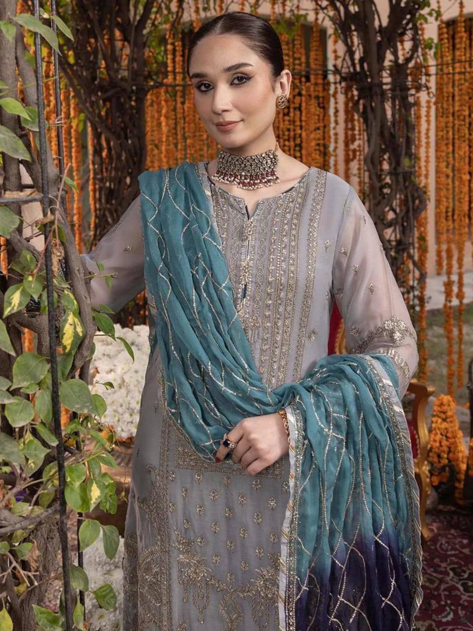 Adan Libas Gray Luxury Chiffon Embroidery 3piece Unstitched