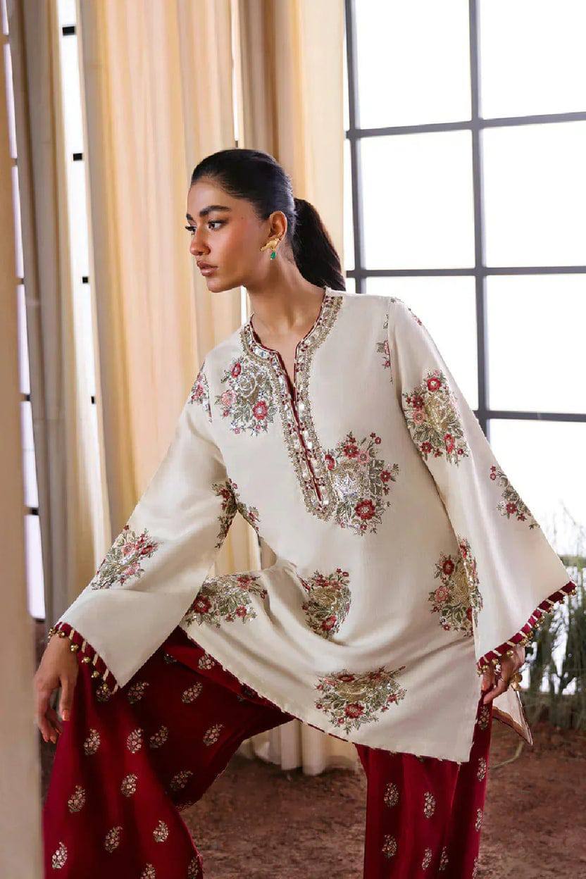 Ethnic Raw Silk off White Embroidery Formal Collection 3piece Unstitched