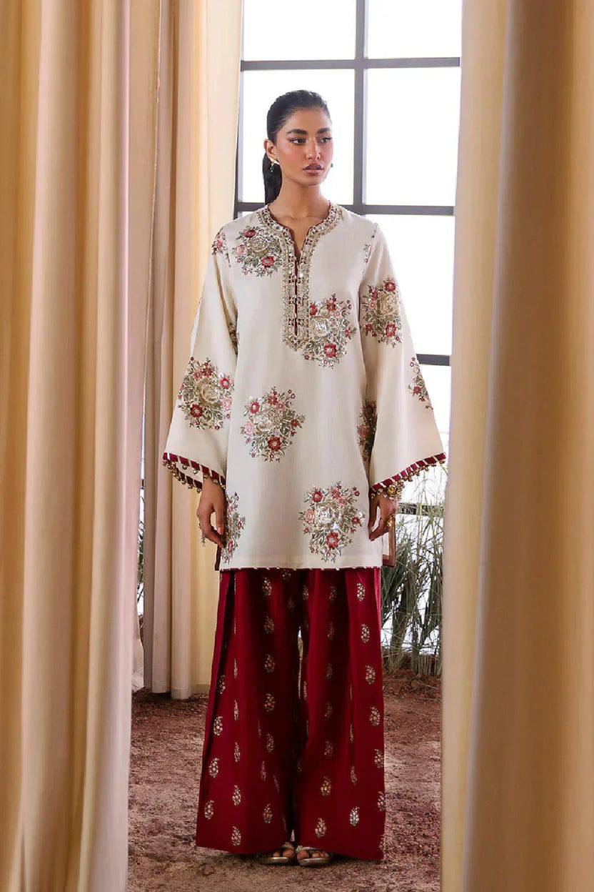 Ethnic Raw Silk off White Embroidery Formal Collection 3piece Unstitched