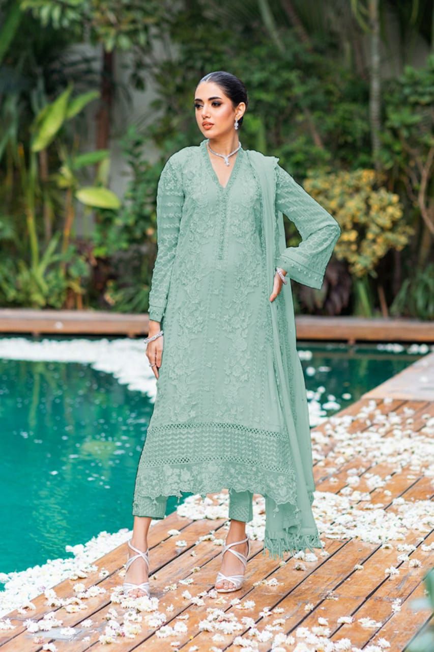 Azure Light Green luxury Chiffon Embroidered 3 Piece Unstitched