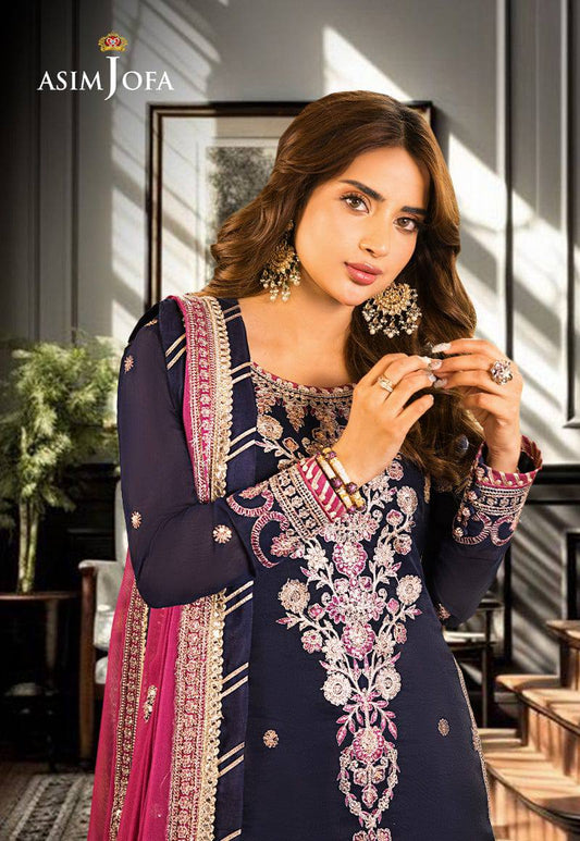 A.J Blue Pink Chiffon Embroidery 3piece Unstitched