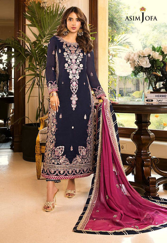 A.J Blue Pink Chiffon Embroidery 3piece Unstitched