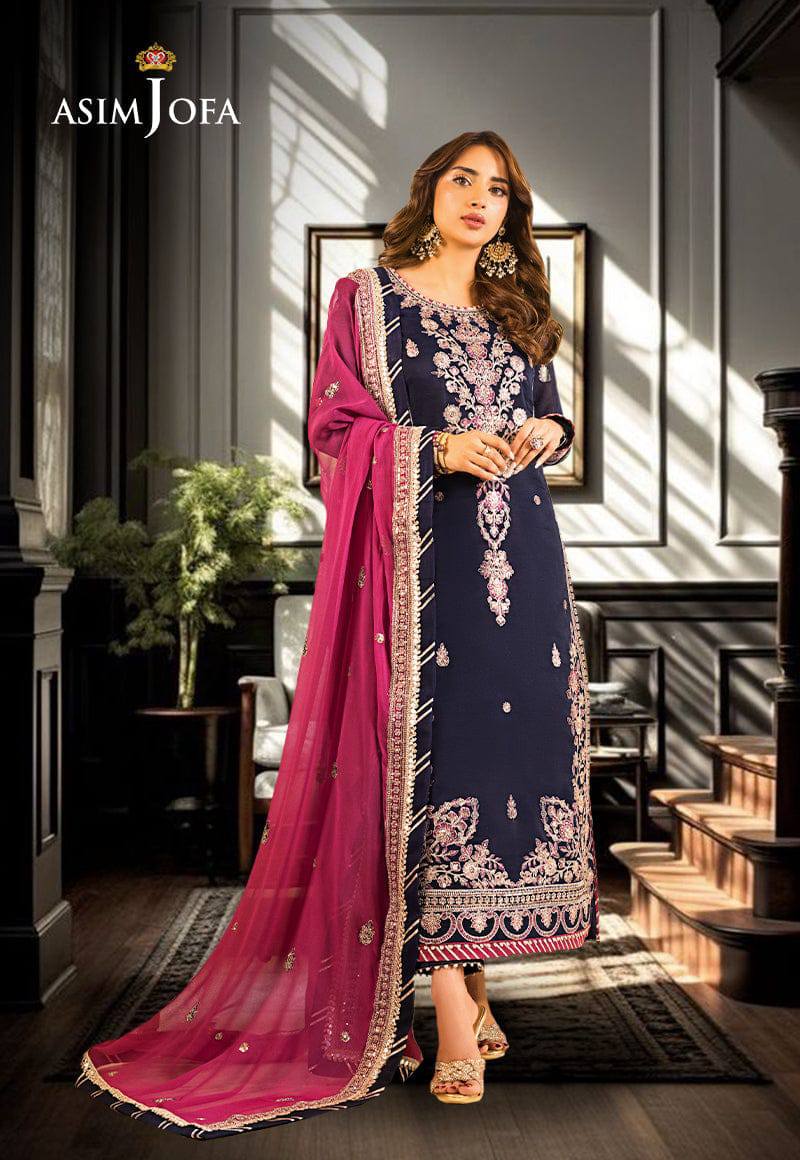 A.J Blue Pink Chiffon Embroidery 3piece Unstitched