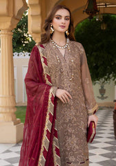 Norma Kamal Chiffon Embroidery Brown 3piece Unstitched