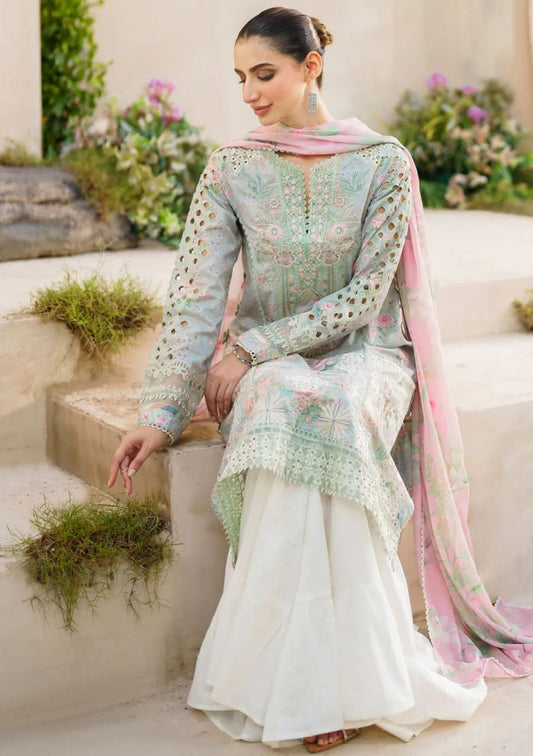 Iznik Light Blue Printed Lawn Embroidery 3piece Unstitched