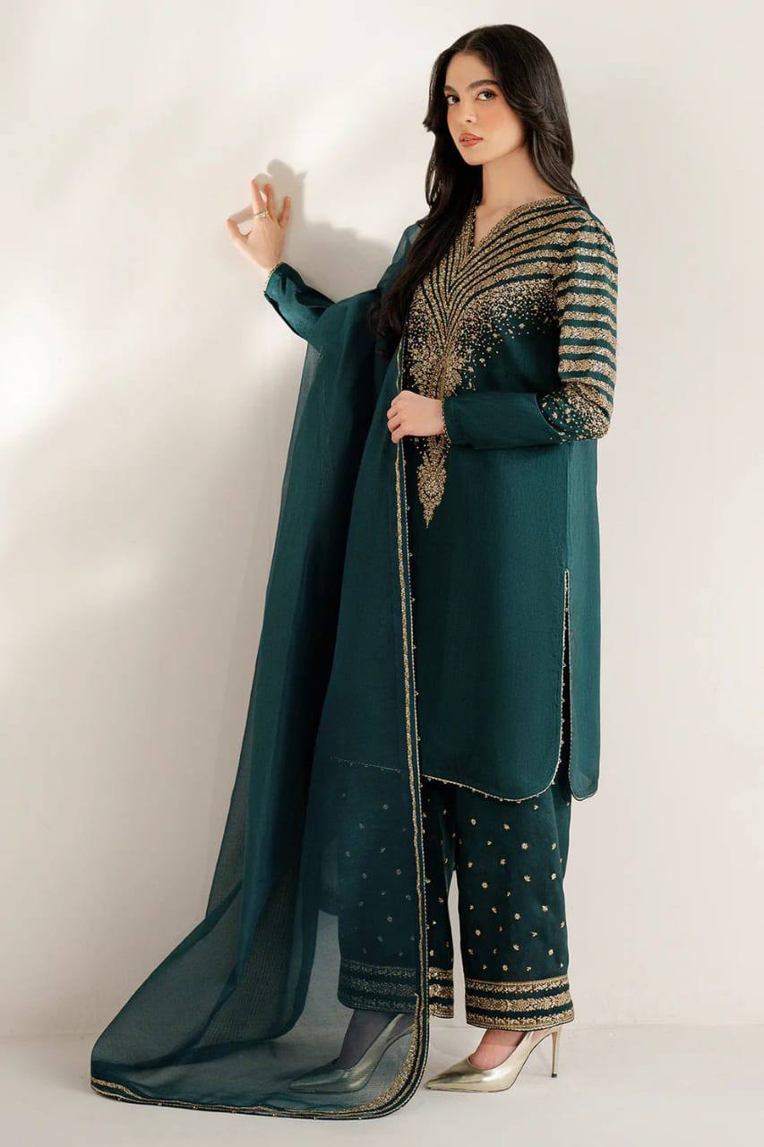 Jazmin Raw Silk Bottle Green Embroidery Dress Party Wear Collection Unstitch
