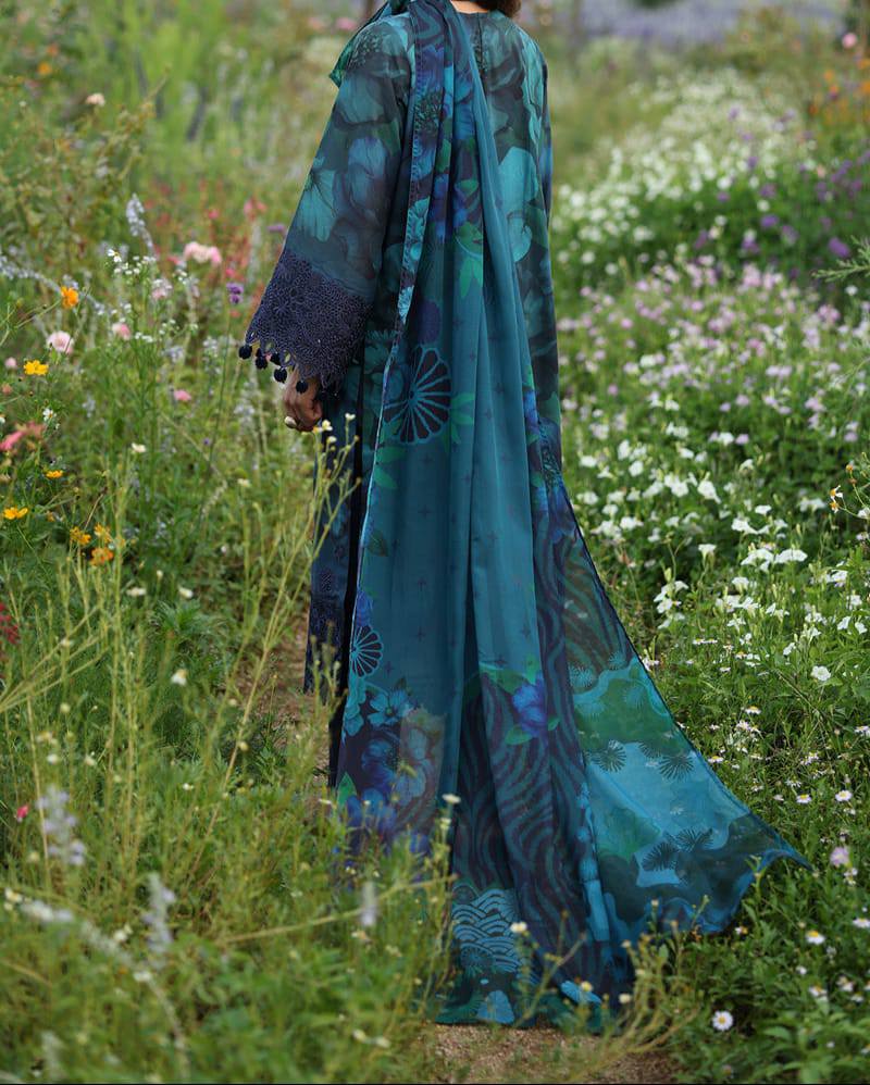 Baroque Blue Lawn Digital Print Embroidery 3pc Unstitched