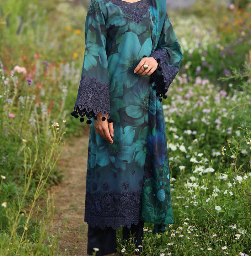 Baroque Blue Lawn Digital Print Embroidery 3pc Unstitched