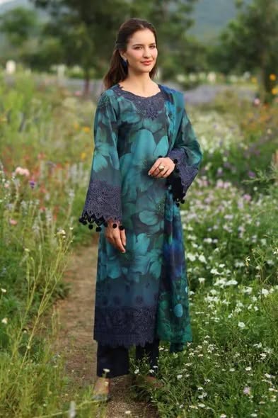 Baroque Blue Lawn Digital Print Embroidery 3pc Unstitched