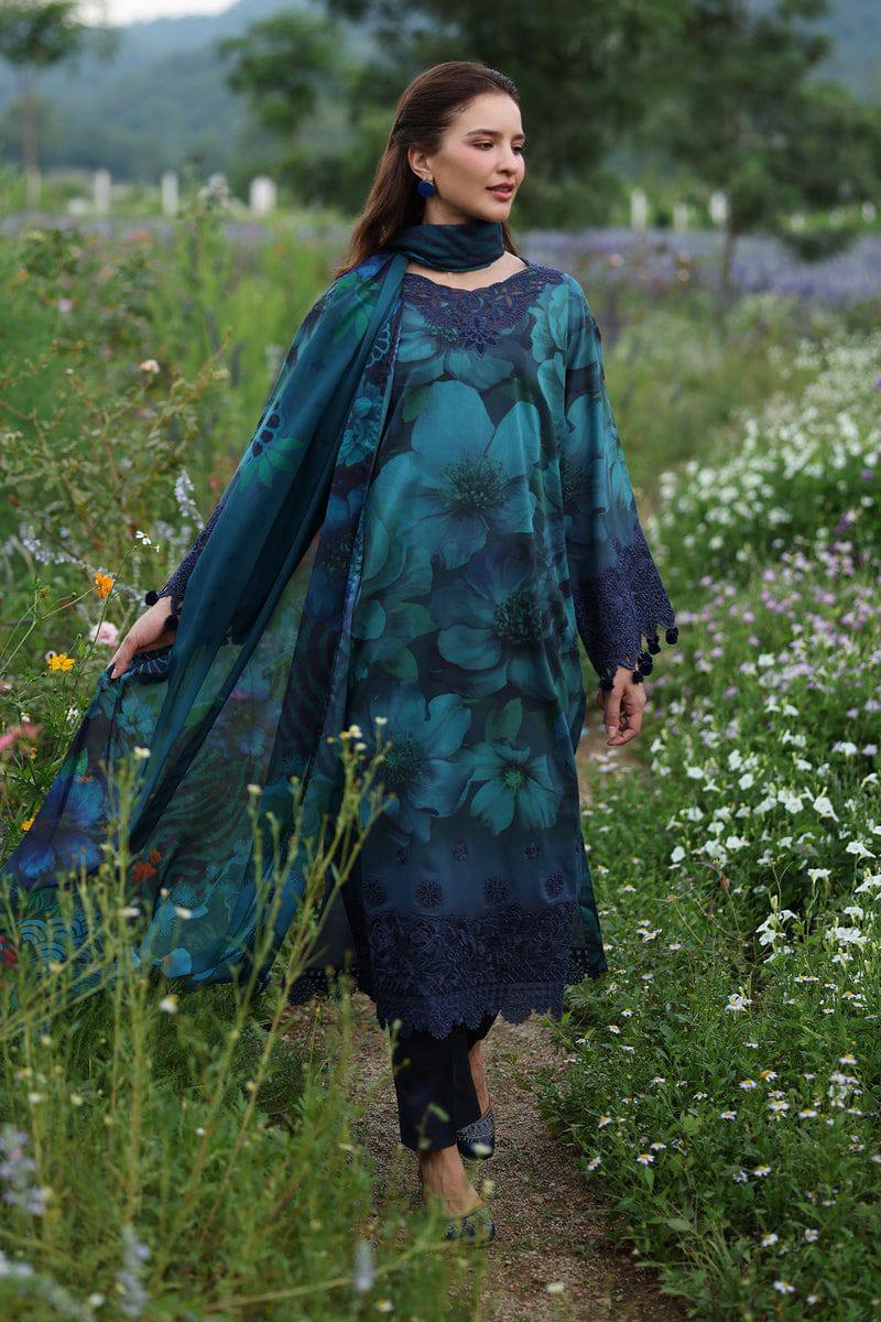 Baroque Blue Lawn Digital Print Embroidery 3pc Unstitched