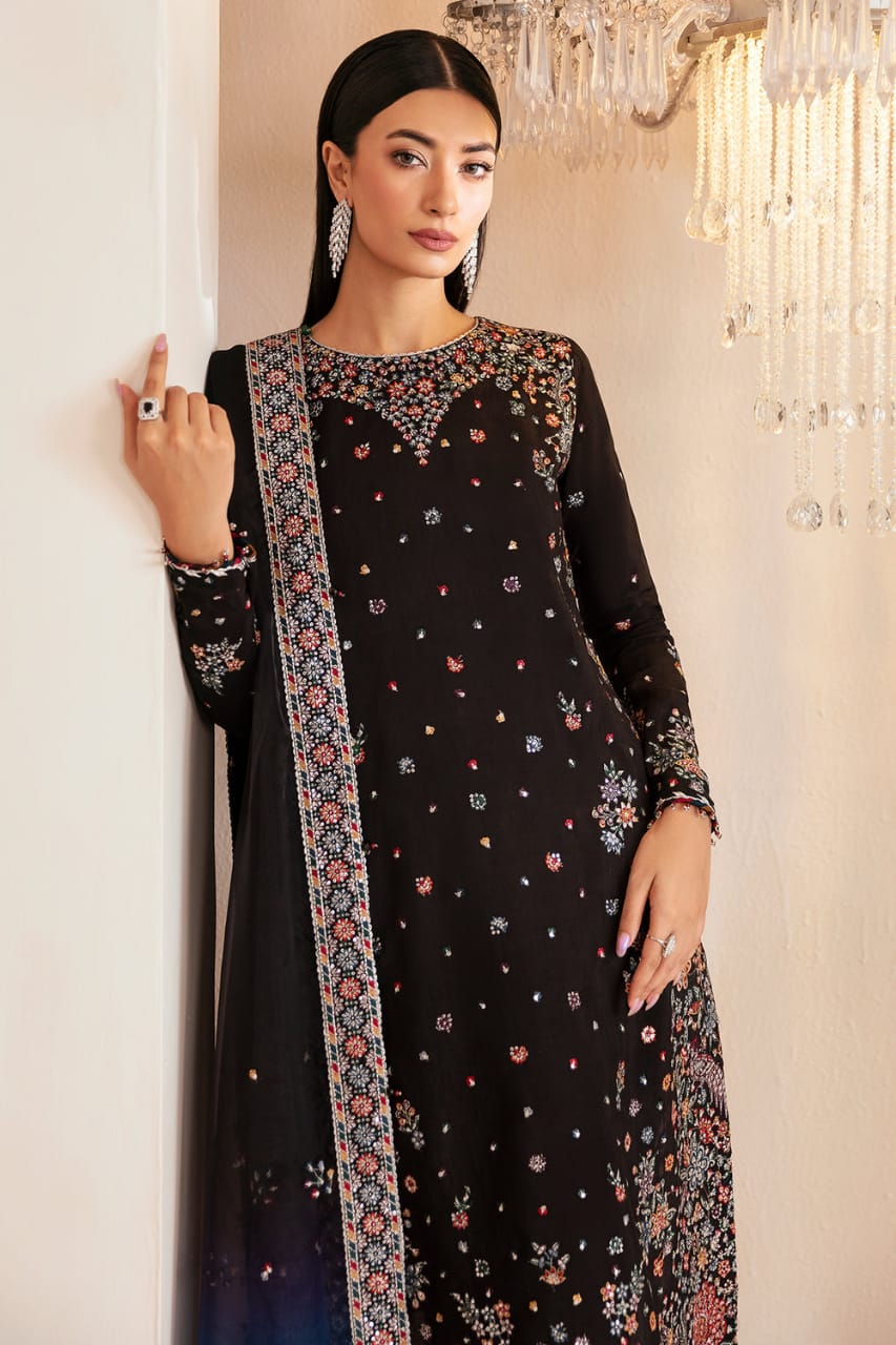 Jazmin Raw Silk Black Multi Embroidery 3piece Unstitched
