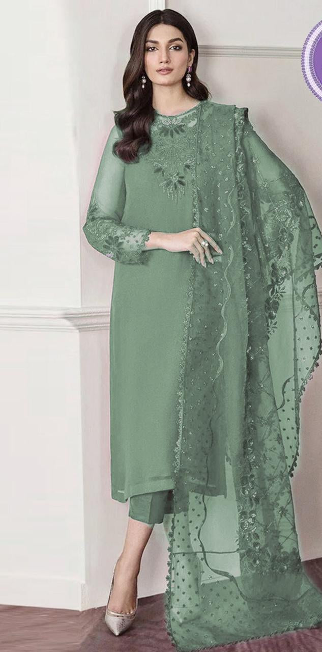 Baroque Green Chiffon Party Wear Dress 4pc