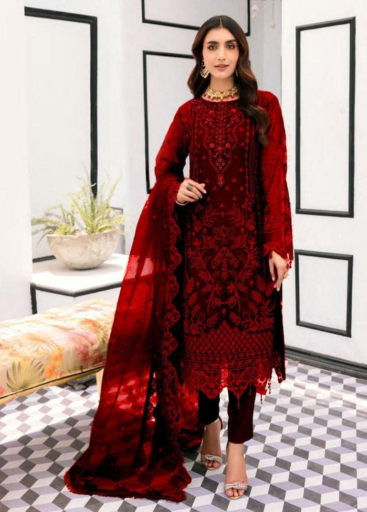 Goodluck Maroon New Arrival organza Embroidery Dress 3piece Unstitched