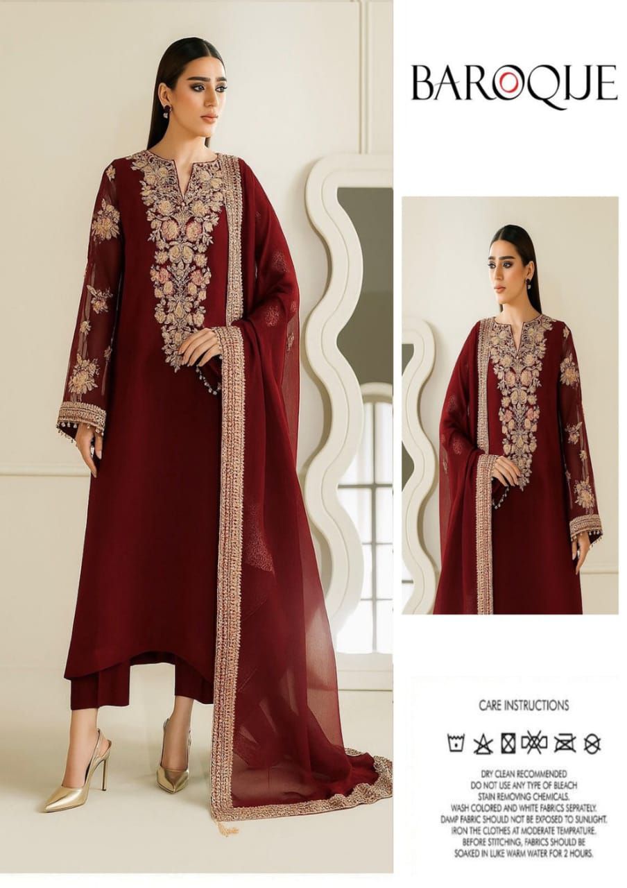 Baroque Maroon Chiffon Emb Party Wear Collection 3pc Unstitched