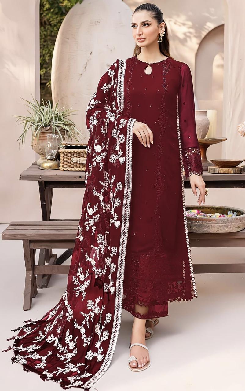 GoodLuck Maroon Chiffon Embrroidery Collecion 3piece Unsitched