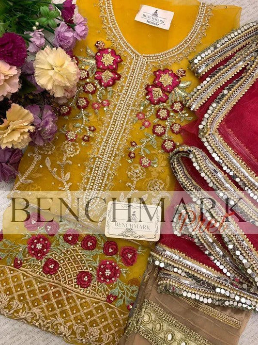 Benchmark Yellow Hand work Organza Party Wear Dress 3piece Unstitched