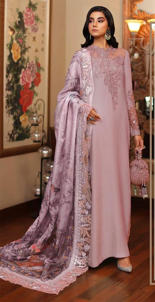 Azure Silk Tea Pink Hand Work Dress Party Wear Collection 3piece Unstitched
