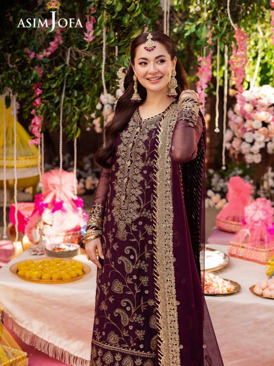 Asim Jofa Maroon Luxury Chiffon Embroidery 3piece Unstitched