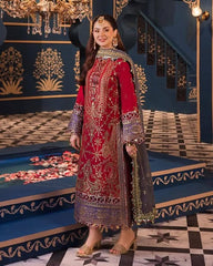 Asim Jofa Red Luxury Chiffon Embroidery 3piece Unstitched