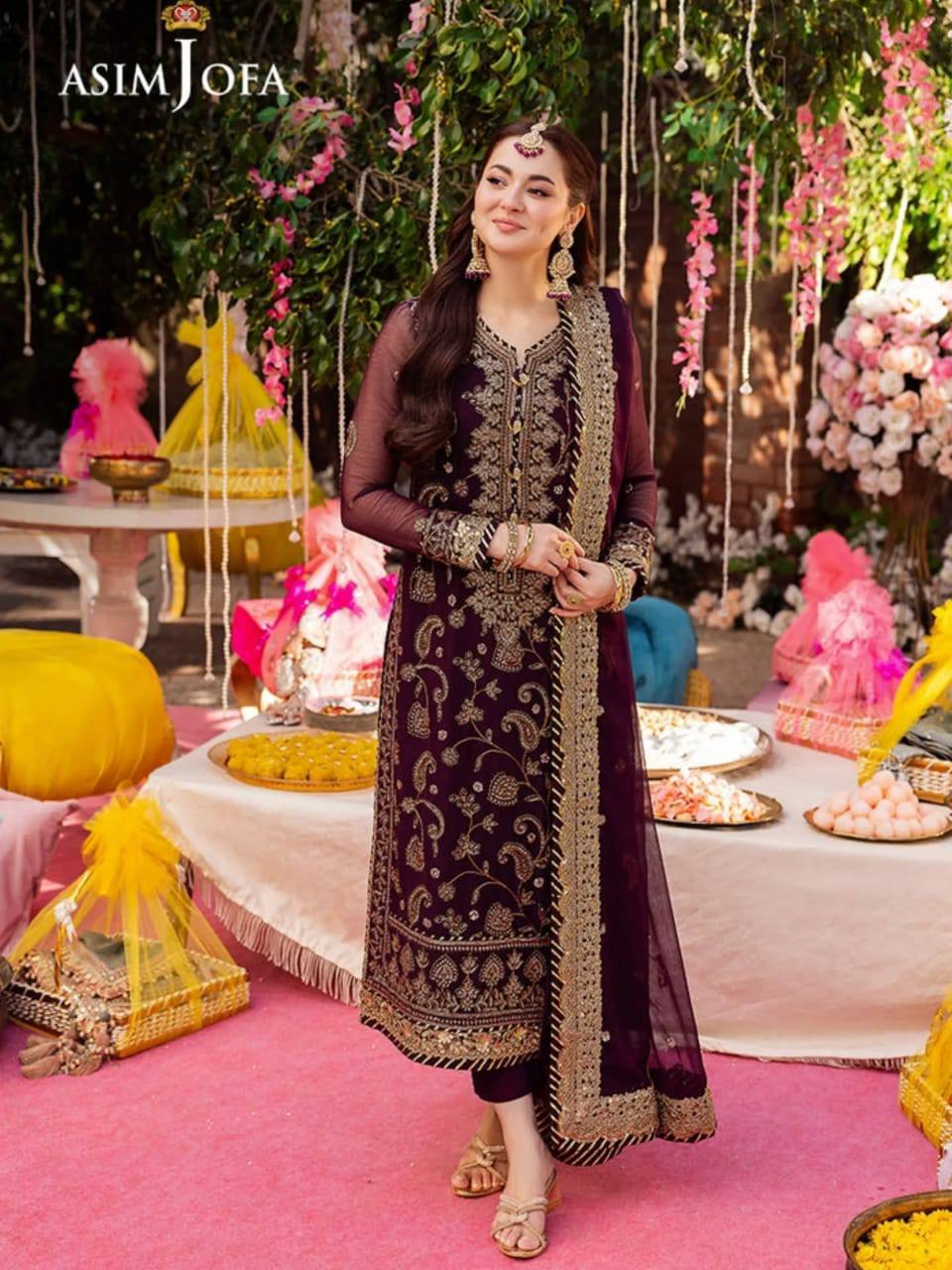 Asim Jofa Maroon Luxury Chiffon Embroidery 3piece Unstitched
