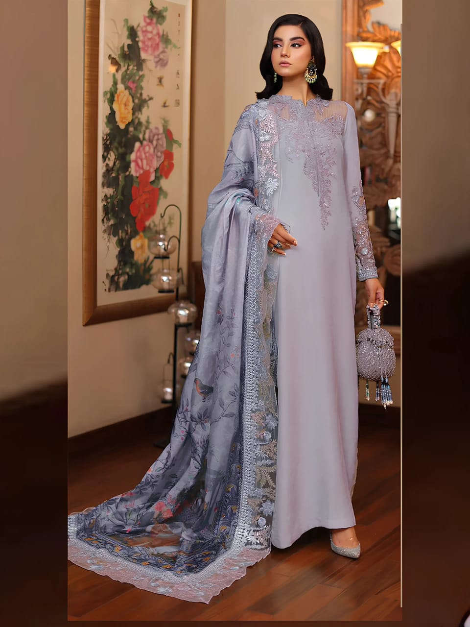 Azure Silk Purple Hand Work Dress Party Wear Collection 3piece Unstitched