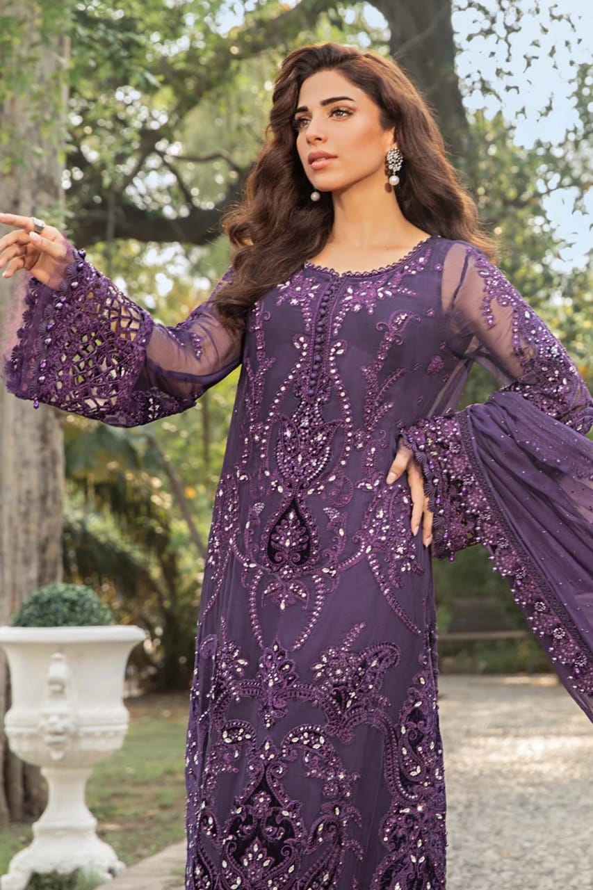 Maria b Dark Purple Luxury Chiffon Embroidery 3pc Unstitched