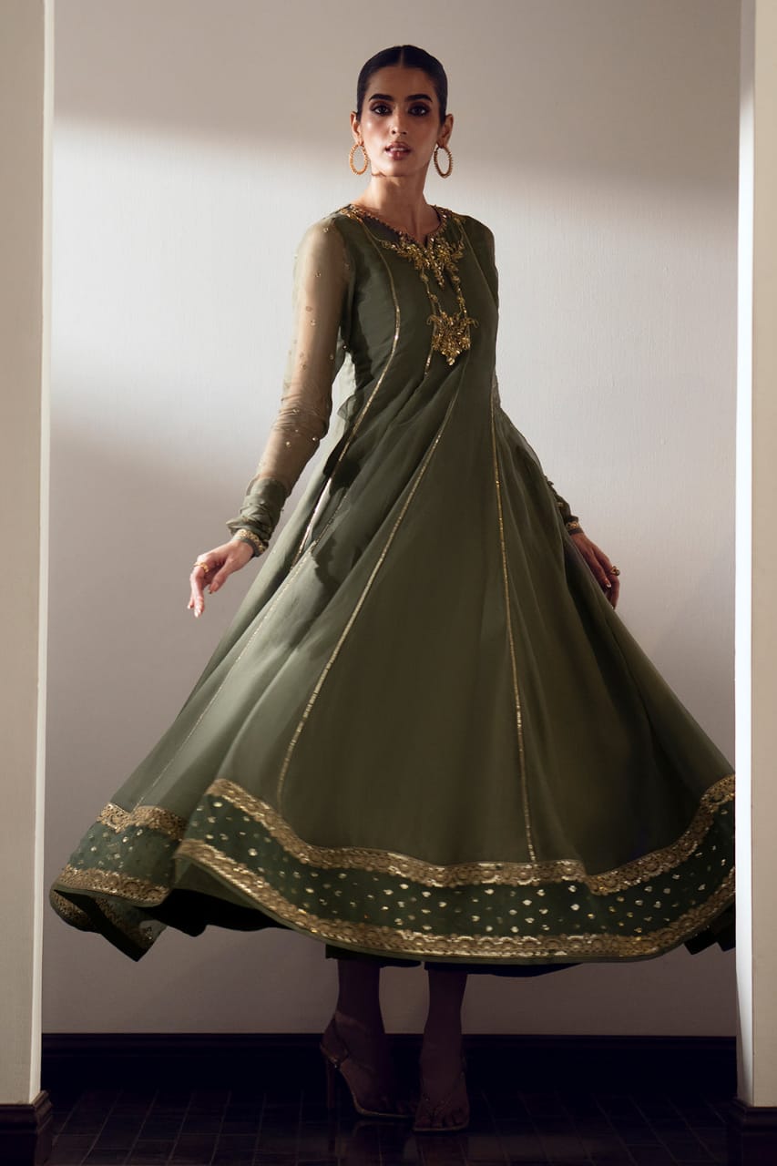 Baroque Green Wdding Collection organza Dress Maxi Unstitched