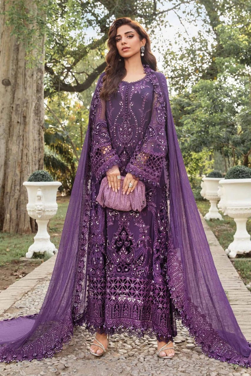 Maria b Dark Purple Luxury Chiffon Embroidery 3pc Unstitched