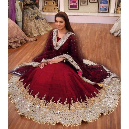 Nida Yasir Maroon Chiffon Embroidery Maxi Wedding Collection Unstitched