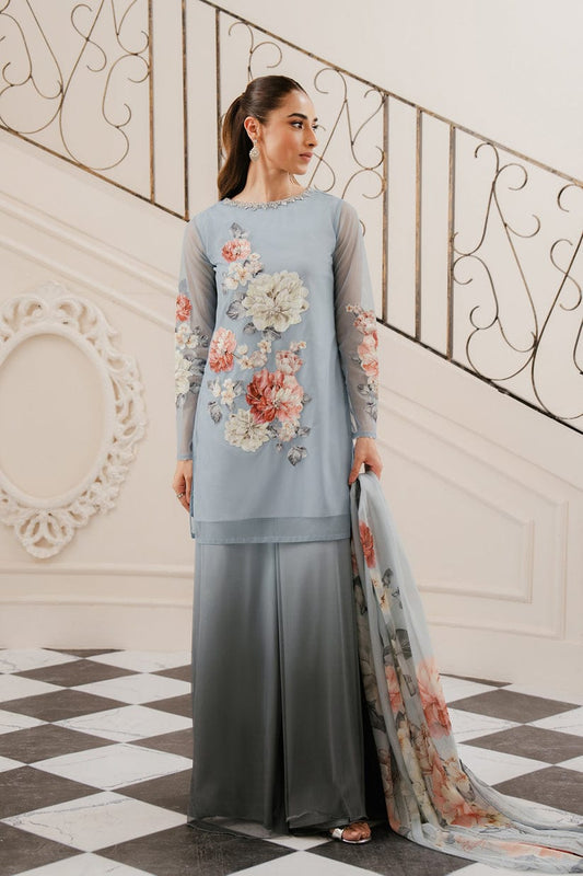 Lulusar Sky Blue Silk Digital Print Hand Work Party Wear Collection