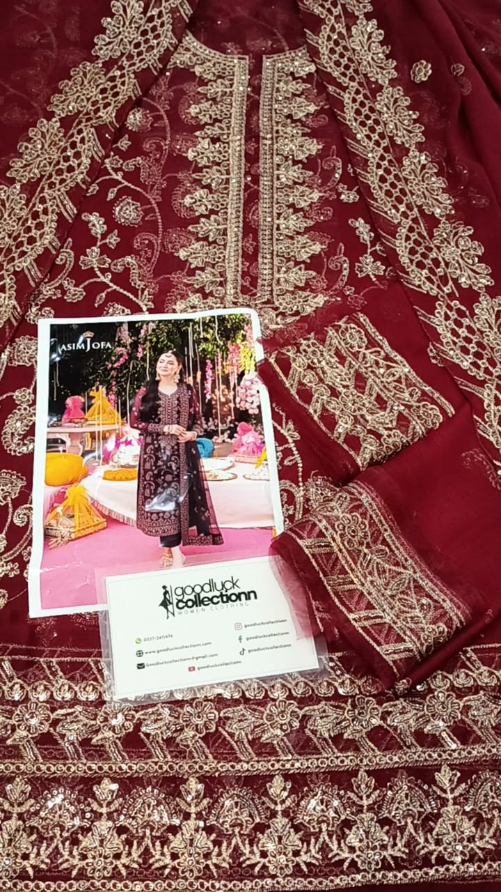 Asim Jofa Maroon Luxury Chiffon Embroidery 3piece Unstitched