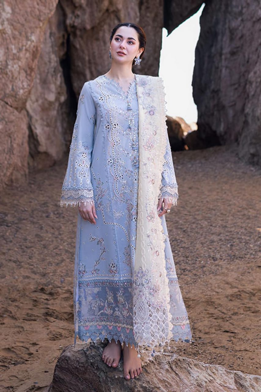 Qalamkar Sky Blue Luxury Lawn Chikankari Dress 3pc Unstitched