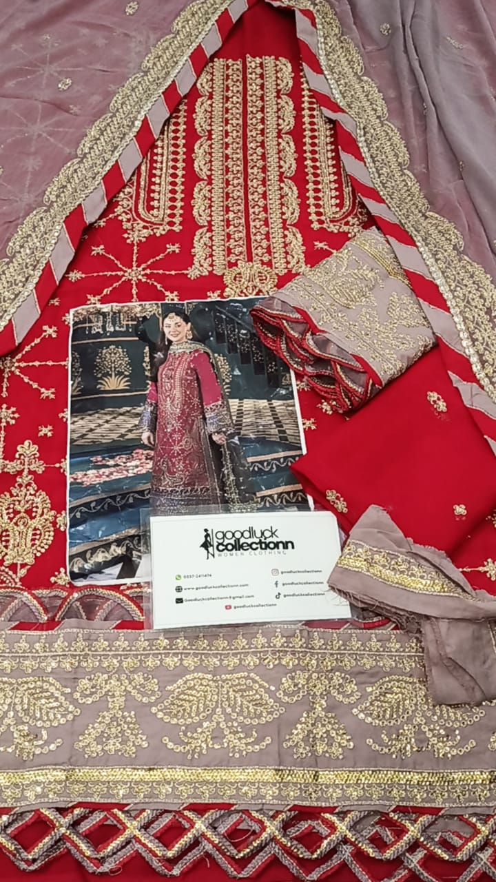 Asim Jofa Red Luxury Chiffon Embroidery 3piece Unstitched